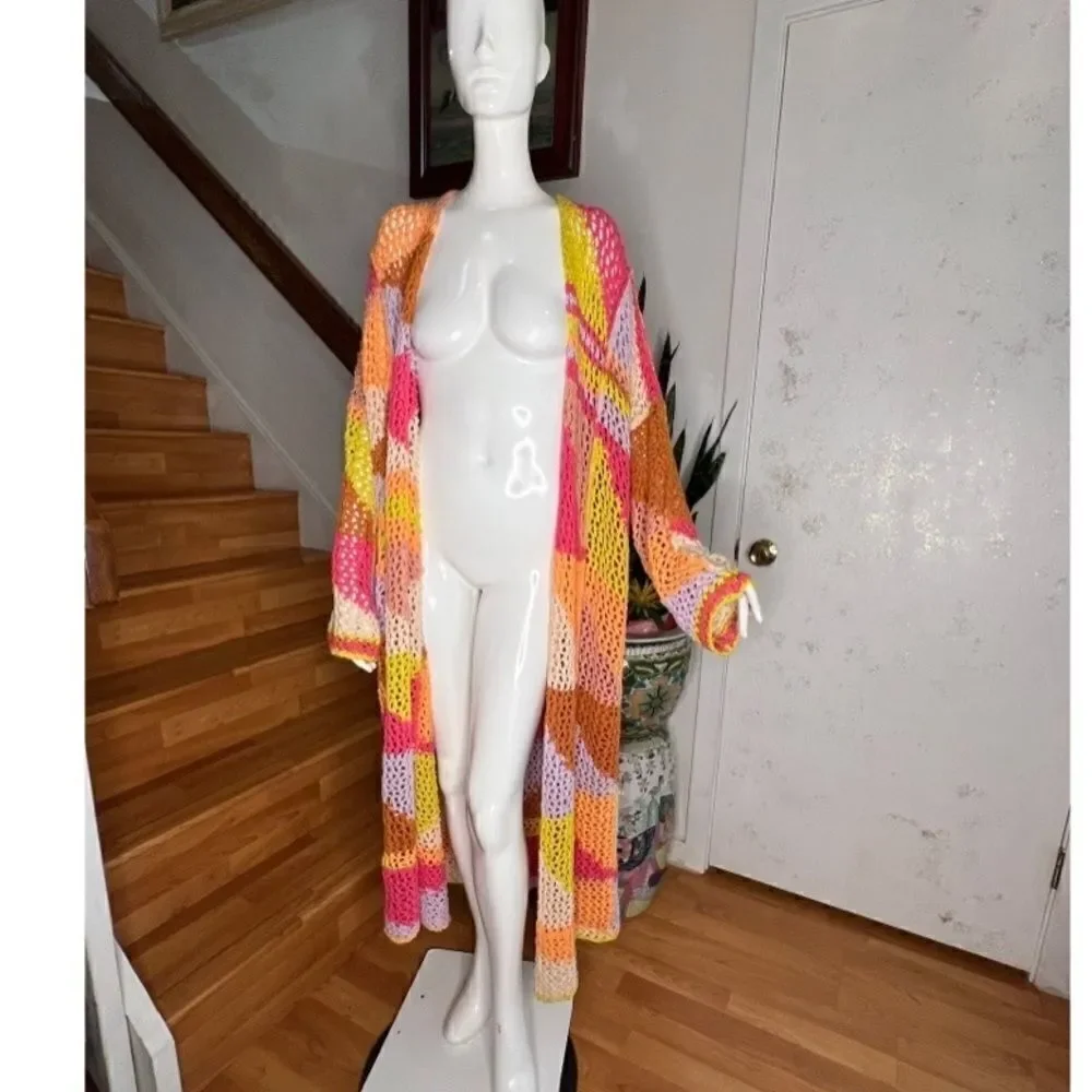 New FREE PEOPLE Chasing Rainbows Cardi In Tropical Rainbow Combo